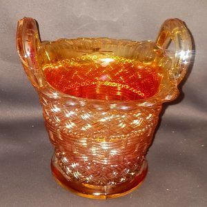 Antique Marigold Carnival Glass Handled Basket Bowl by Dugan